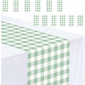 12 Pcs Sage Green and White Checkered Table Runner Plastic 14 x 108 Disposable Sage Green Gingham Table Runner for Birthday Wedding Baby Shower Party Table Centerpiece Decorations