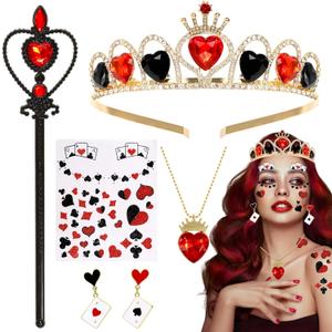 5 Pcs Red Gem Women Halloween Queen Costume Accessories, Queen Crown Red Necklace Poker Earrings Scepter Glitter Stickers, Halloween Party Cosplay Set