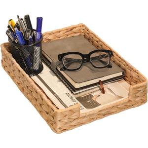 PINXIURY Water Hyacinth Letter Tray for A4 File Desk Mail Letter-Size Paper, Basket Woven Organizer, Magazine Files Storage, Office Document Organizer and Storage (Natural)