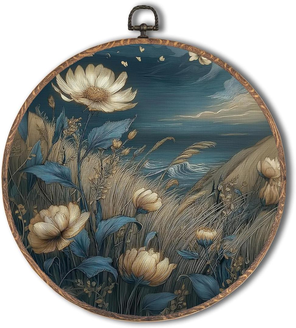 Tzhim Vintage Moody Blue Floral Round Wall Art, Dark Cottagecore Wildflower Field Round Wall Decor Framed, Rustic Farmhouse Flower Botanical Canvas Walls Sculptures for Home Office Decor, 10x10 Inch