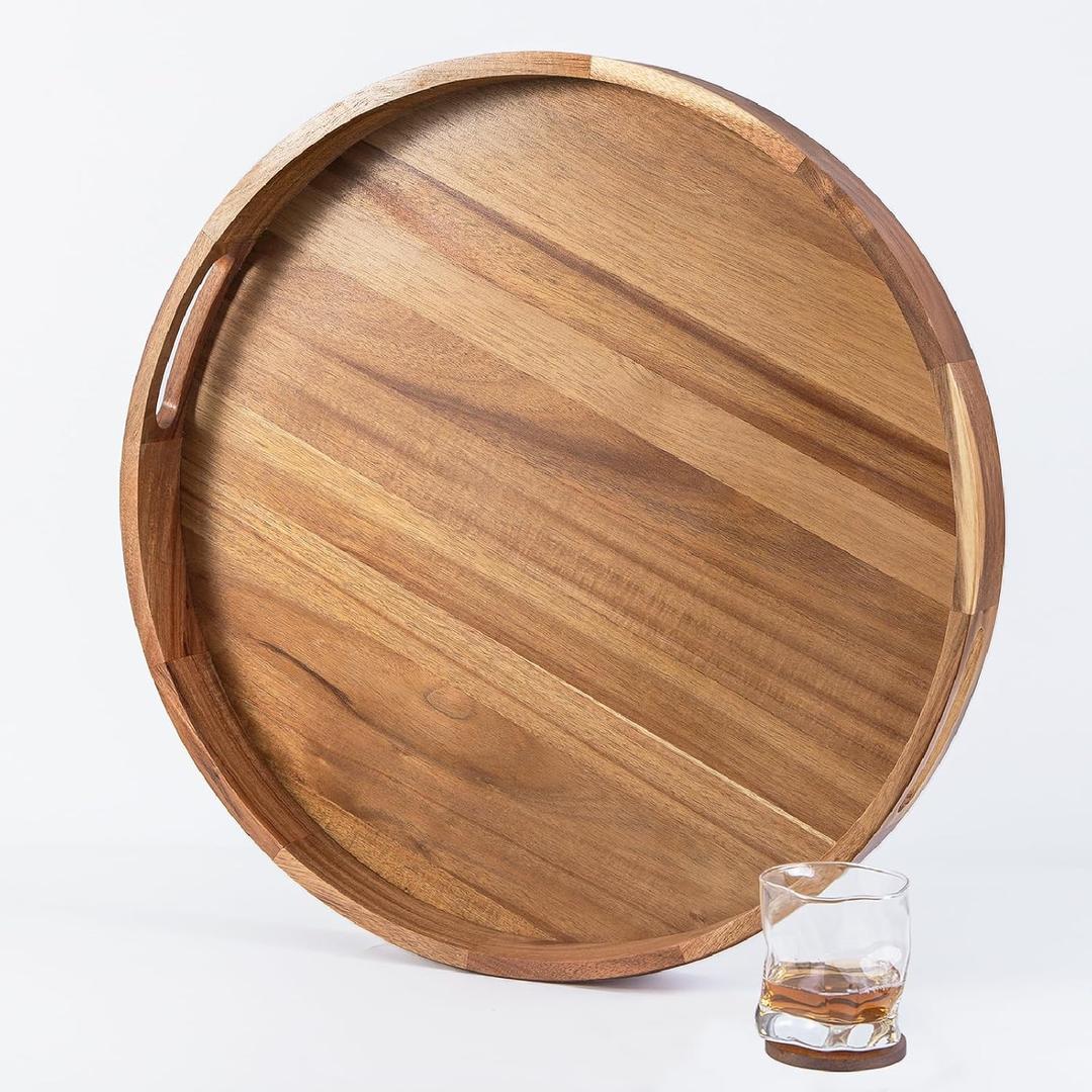 Wooden Serving Tray with Handles 22 Inch Extra Large Round Ottoman Tray Acacia Large Wood Trays Ottoman Living Room Wooden Trays