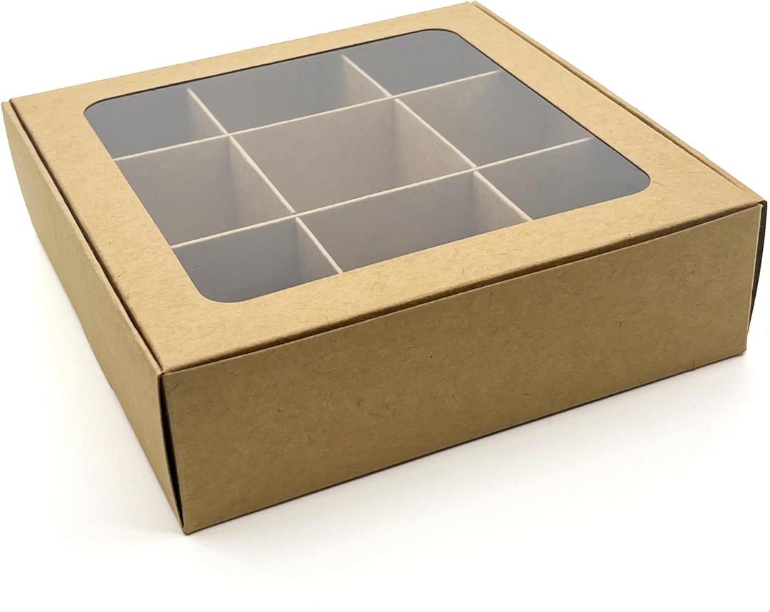 Treat Boxes - 10 ct 6.5 x 6.5 x 1.9 in Bakery Boxes with Windows and Dividers for Candy, Cookies, Cupcakes, or Bakery Desserts - Chocolate, Treats, and Baked Goods Packaging for Gifting (Kraft)