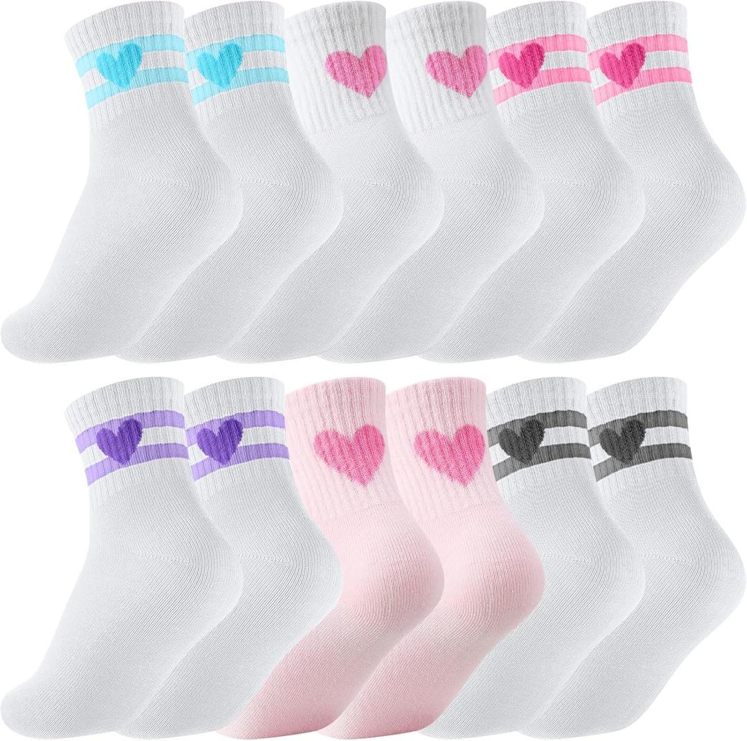 Shihanee 6 Pairs Socks for Girls Kids Pink Crew Athletic Socks with Stripes Heart 4-12 Years Old Cotton Back to School Gift