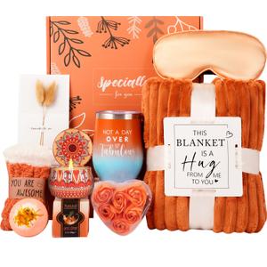 Valentines Day Gifts Basket for Her Wife,Orange Birthday Gifts for Mom Women Her Girlfriend Coworker w/Fall Cozy Socks&Blanket,Autumn Self Care Package Bath Set,Birthday,Valentines Gifts Box for Women