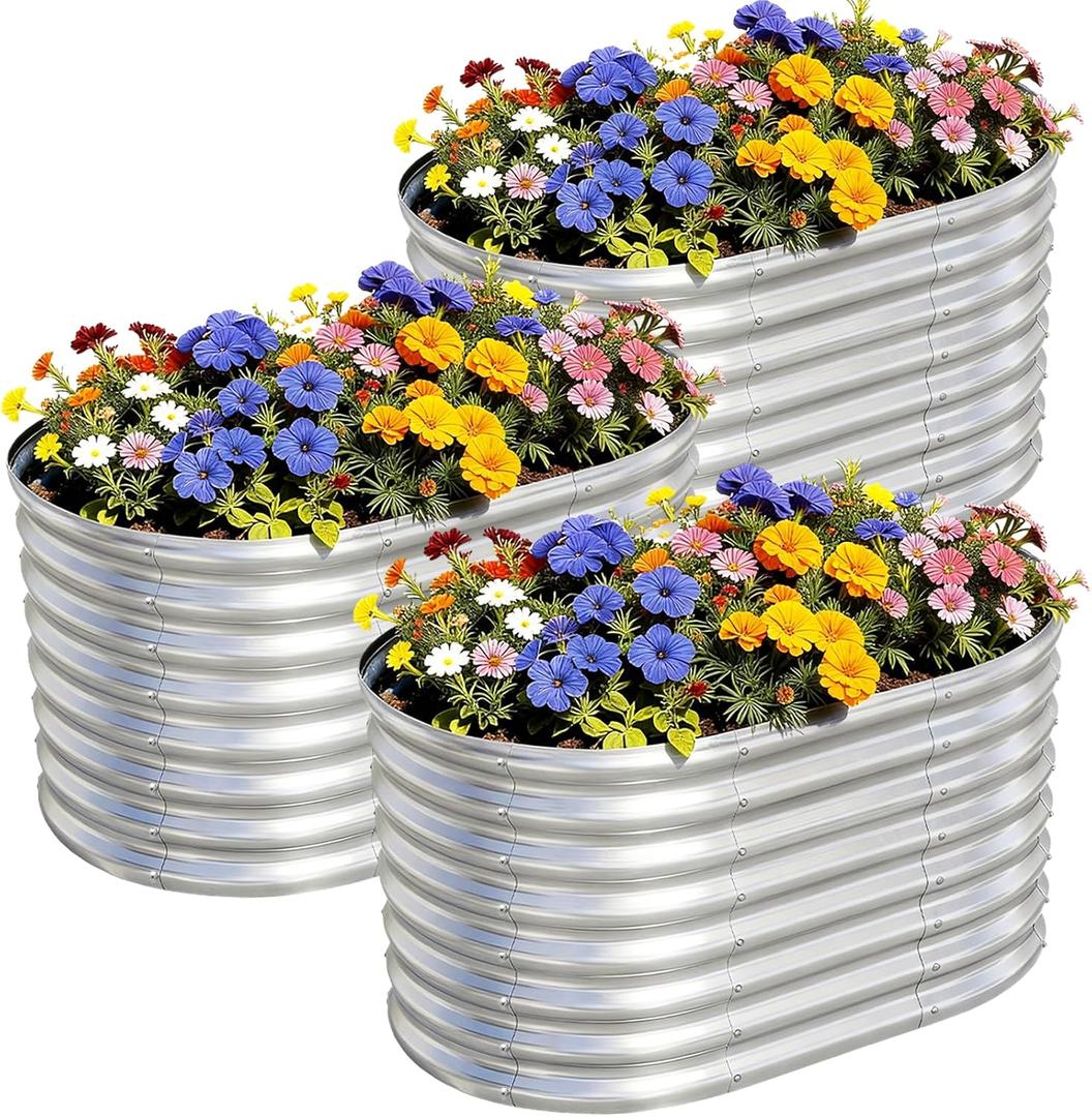 AHEONLAR 3Pack 3x2x2ft Galvanized Raised Garden Beds Outdoor, Oval Raised Beds for Gardening Metal Planter Boxes for Planting Vegetables, Fruit, Herb, Silver