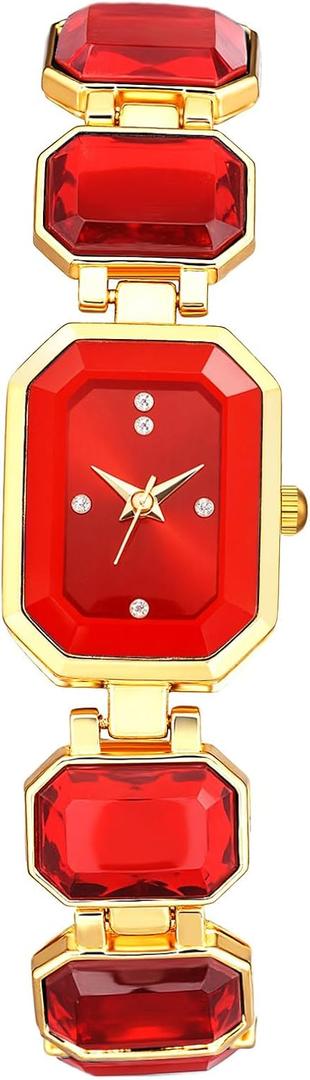 Avaner Women's Bracelet Wrist Watches: Ladies Colorful Rhinestones Gold Tone Elegant Stainless Steel Square Analog Quartz Watch (Red)