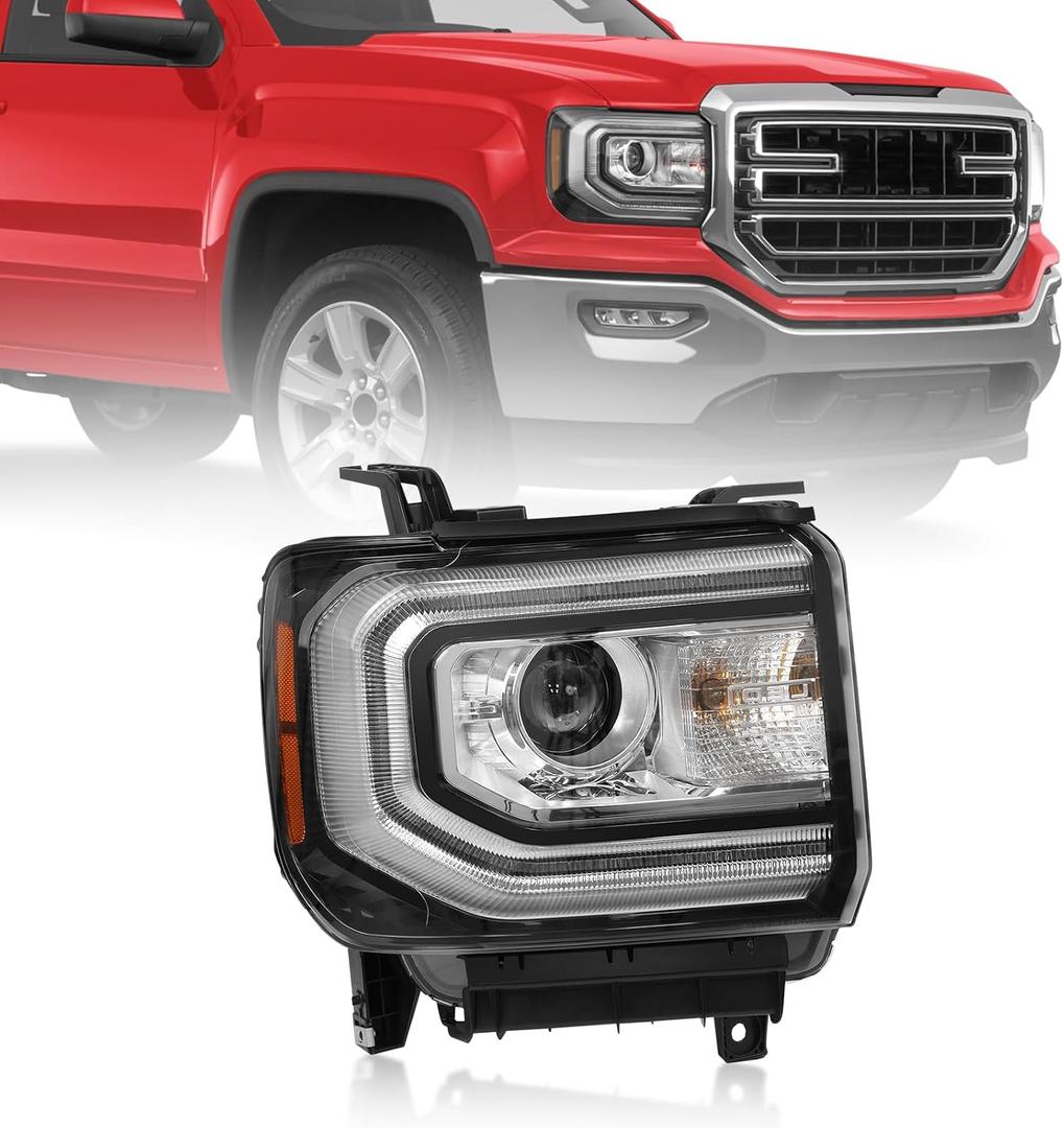 RH Xenon Headlight Assembly Fit for GMC Sierra 1500 2016 2017 2018, HID Projector Headlamp with LED DRL & Chrome Housing - Replace GM2503453 84046791 84568273 (Right Passenger Side, w/o D5S Bulb)