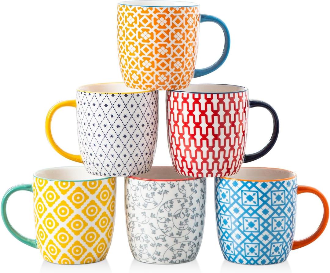 Ceramic Coffee Mugs Set - 10 Oz Large Porcelain Tea Cups with Handle for Milk Cappuccino Latte Tea Cocoa - Microwave Dishwasher Safe - Christmas Housewarming Gift -Set of 6 - Assorted Colors