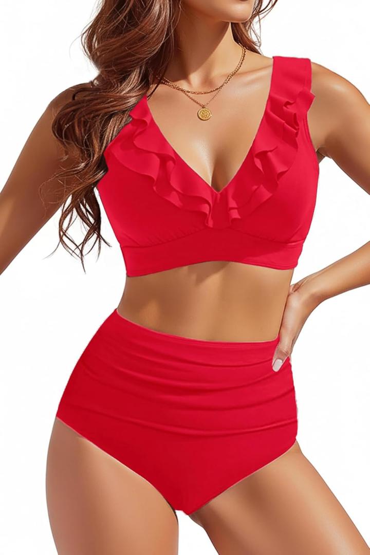 Tempt Me Women High Waisted Bikini Sets - Two Piece Tummy Control Swimsuits 2025 Ruffle Bathing Suit (Large, Red)
