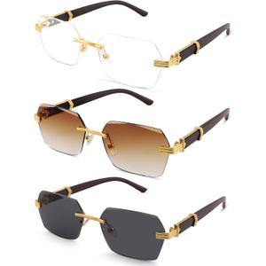 Hycredi Rimless Rectangle Sunglasses Men Women Retro Frameless Square Shade Y2k Sun Glasses Tinted Eyewear (A1 * 3 Pack (White + Brown + Gray))
