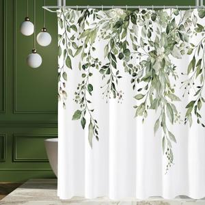 Gibelle Extra Long Shower Curtain 72 x 84, Tall Olive Green Floral Shower Curtain for Bathroom, Watercolor Plant Eucalyptus Leaves Fabric Shower Curtain Set