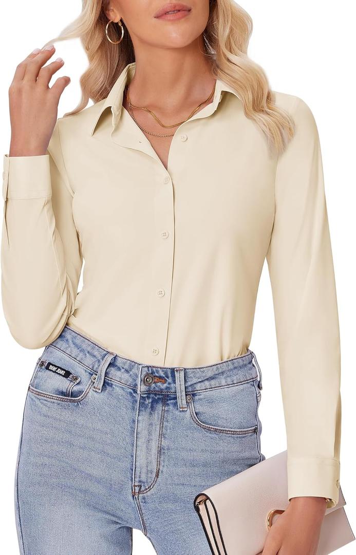 siliteelon Button Down Shirts for Women Slim fit Long Sleeve Stretch Dress Shirts Work Shirt Wrinkle Free Office Blouses (Small, Beige)