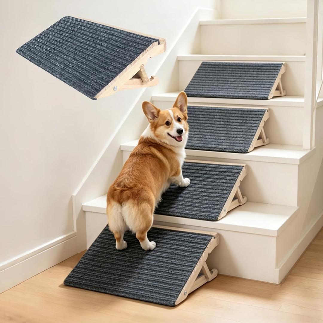 Dog Ramp for Stairs Adjustable Solid Wood Stair Ramps for Small & Senior Dogs Foldable Indoor Pet Wedges with 3 Heights (4.3"/5.5"/6.3") Non-Slip Carpet for Elderly or Injured Pets No Assembly, 4 pcs