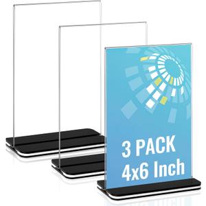 Acrylic Sign Holder，4x6 Inch Clear Display Stand，Double-sided Table Top Sign Holder， Acrylic Vertical paper Display Stand Suitable For Office, Home, Show Fair, Restaurants, Stores, Hotels (3 Pack)