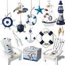 Yousoontic 14 Pack Mini Wood Nautical Home Decor Mediterranean Style Lighthouse, Beach Chair, Sailboat, Wood Box, Anchor, Life Ring, Starfish, Fish Pendant, Swimming Ring, Long Conch, Helmsman, Birds