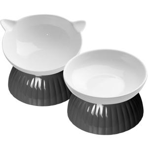 2 Ceramic Raised Cat Food and Water Bowl Set, Elevated Pet Feeder for Indoor Cats and Small Dogs, Anti-Vomiting With Plastic Base, Dishwasher Safe, Black
