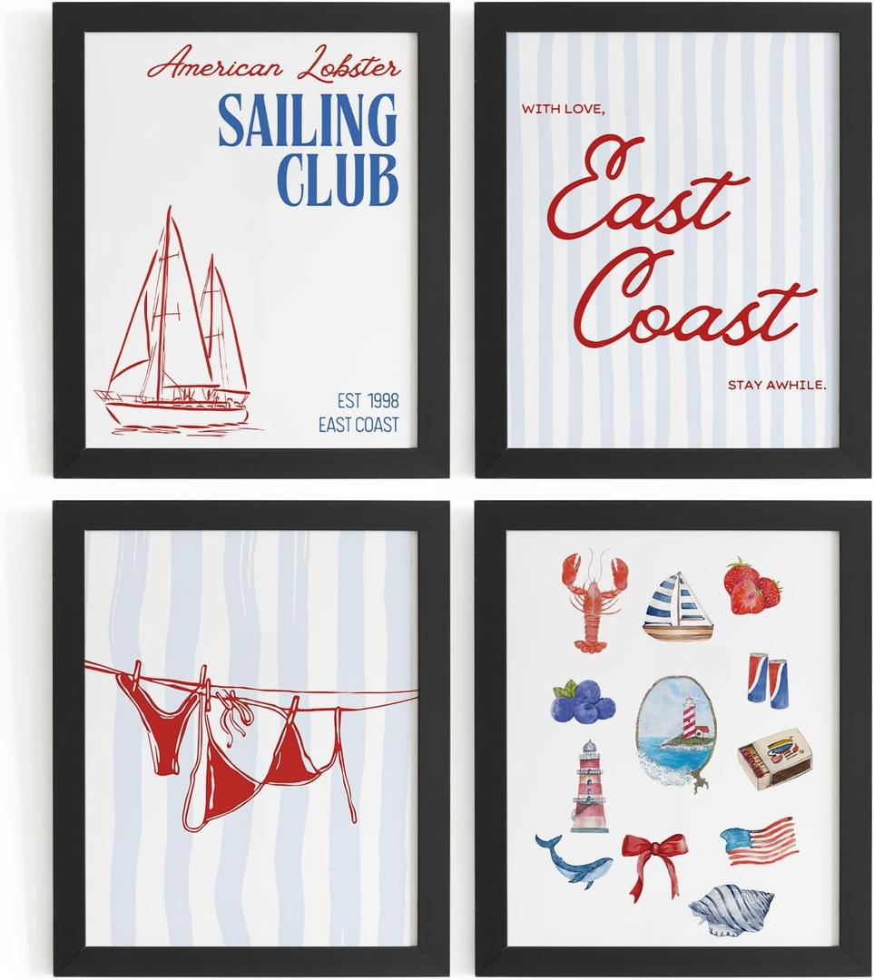 WXHUM Coastal Bathroom Beach Room Decor Nautical Wall Art Prints Set of 4, Preppy Beach Coastal Wall Decor Sailing Club East Coast Posters for Teen Girls Room Dorm, 8x10 inch Unframed