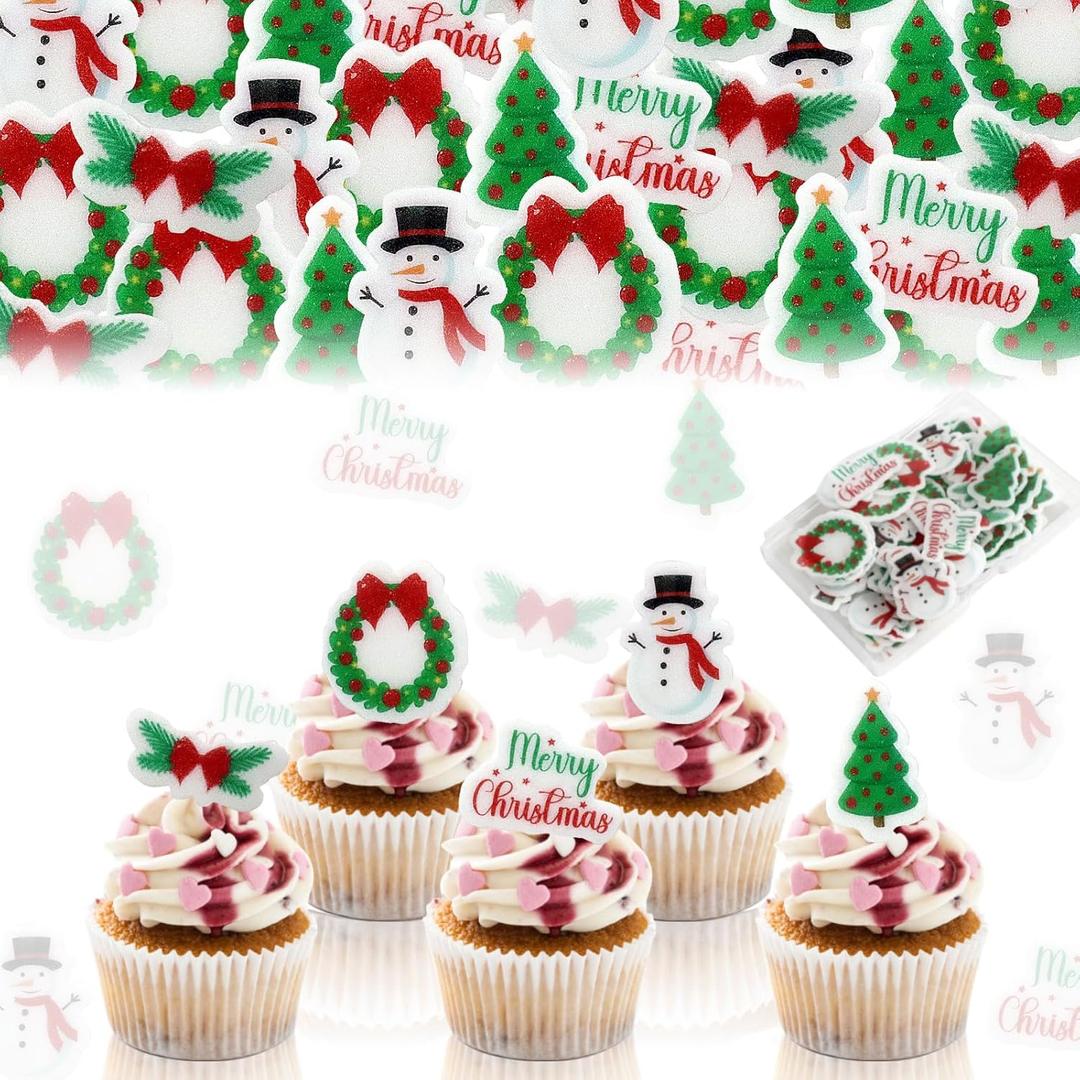100Pcs Edible Christmas Cupcake Toppers with Snowman, Tree, Wreath - Perfect for Christmas Cake Decorations and Holiday Parties