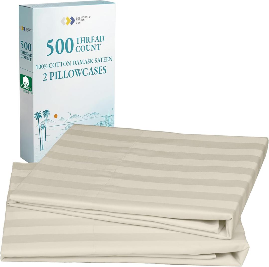 CALIFORNIA DESIGN DEN Soft & Silky 500 Thread Count 100% Cotton Sateen, Cool & Smooth with A Classic Opening, Set of 2 King Pillow Cases (Damask Stripe - Ivory)