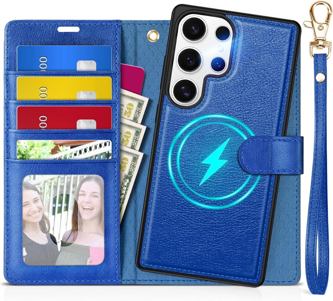 TUCCH Case Wallet for Galaxy S25 Ultra, Removable [2 in 1] [Wireless Charging] Wrist Strap PU Leather Magnetic Stand RFID Blocking [4 Card Slots] Detachable Folio for Galaxy S25 Ultra 6.9", Klein Blue (for Galaxy S25 Ultra, Textured Klein Blue)