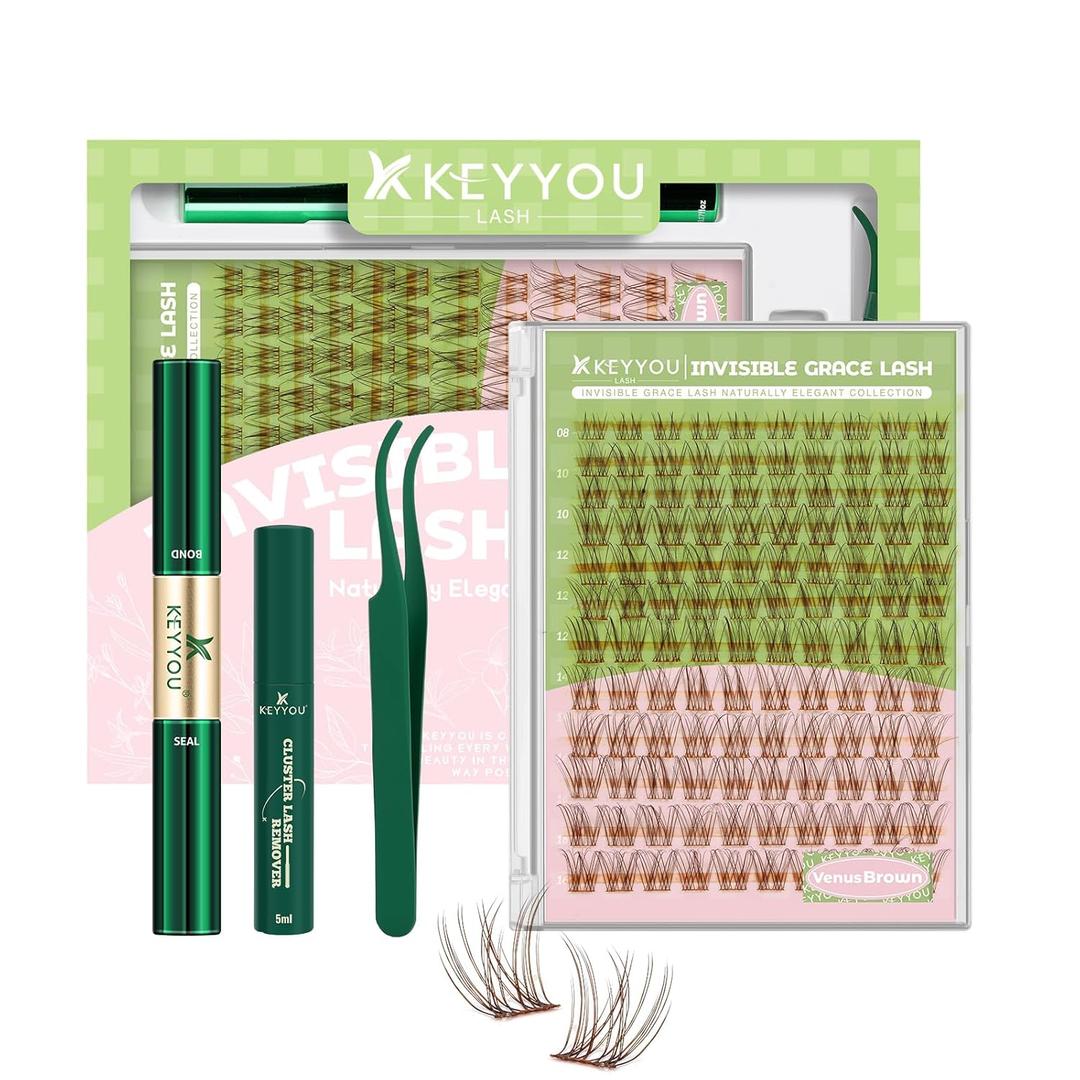 KEYYOU Venus Brown Lash Clusters Kit Fairy Lash Extension Kit C Curl 120Pcs 8-16MIX Eyelash Extension Wispy Natural Invisible Band Lash with Waterproof DIY Lash Extension Kit at Home