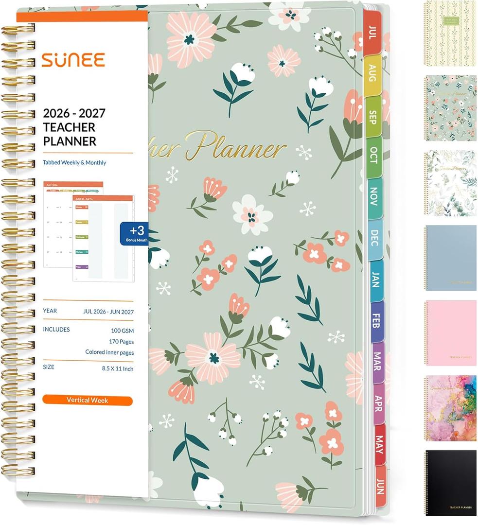 SUNEE Teacher Planner 2026-2027 Academic Year, Lite Lesson Planner Book with 7 Periods Jul 2026 - Jun 2027, 8.5"x11" Daily Weekly and Monthly Organizers, Plan Book with Pocket, Color Tabs, Wildflower