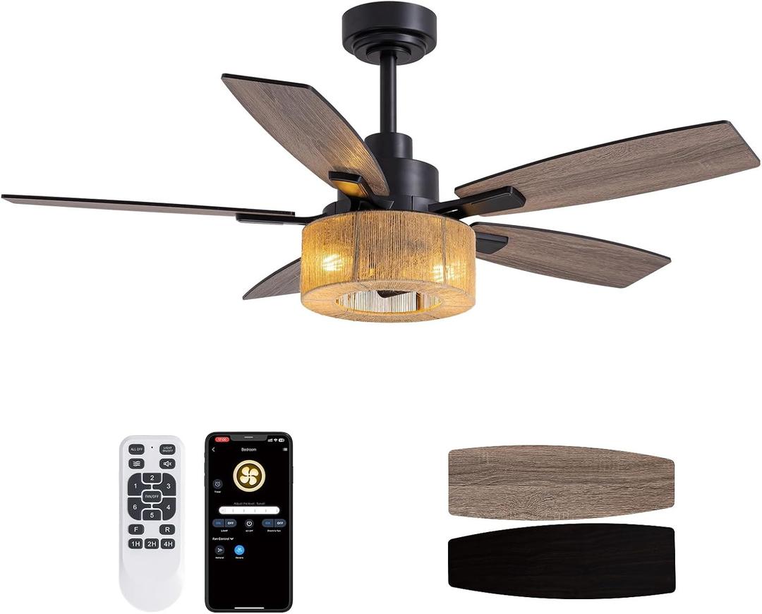 46 Inch Boho Black Hemp Ceiling Fans with Lights and Remote Control, Farmhouse Caged Rattan Ceiling Fan for Dining Room, Bedroom, Living Room and Patio, Indoor/Outdoor (Memoir)