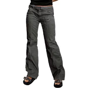 Flamingals Straight Leg Pants for Women Mid Rise Casual Front Patch Pocket Design Solid Seam Pants