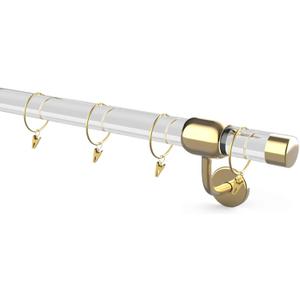 8FT Acrylic Curtain Rod Set For 96"Windows, 1 1/2" Diameter Clear Acrylic Curtain Rod With Twenty Curtain Rings. Three Gold Yellow Wall Mounted Brackets. Modern & Clear Look