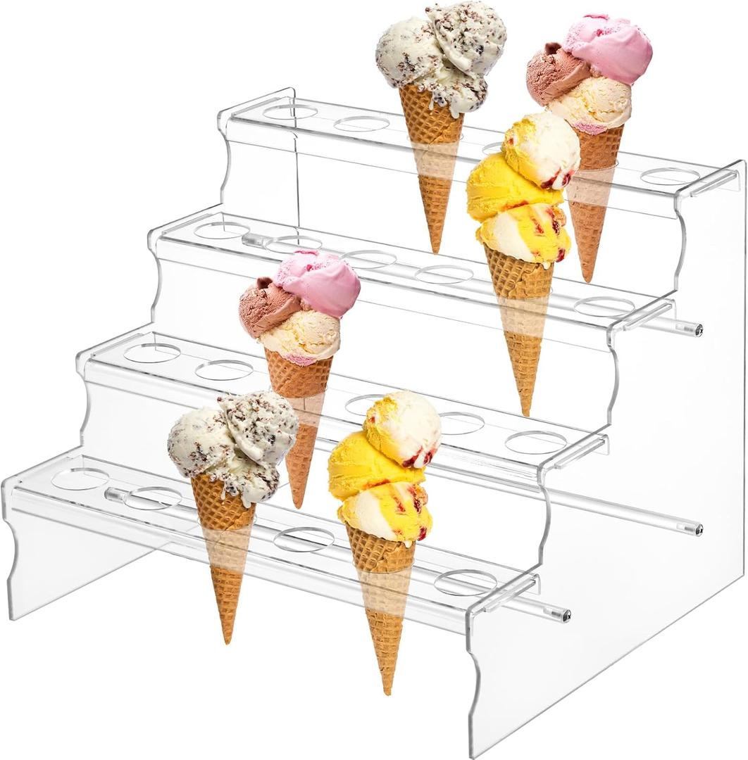 yarlung Acrylic Ice Cream Cone Display Stand, 24 Holes Clear Food Cone Holder Rack, 4 Layer Waffle Sushi Hand Roll Stand for Party Buffets, Birthday, Wedding, Christmas