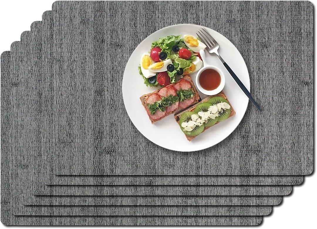 Vinyl Placemats Set of 6-1217.7 Inch Waterproof & Heattable Placemats, Fall Faux Leather Wipeable Outdoor Table Mat for Dining, Kitchen, Indoor Outdoor Use (Grey, Wood Grain) (Gray)