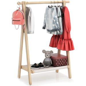 Dress up Rack, Child Garment Rack, Kids Clothing Rack with Storage Shelf (Natural Beech, 29.5" L x 14.5" W x 40" H)