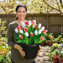 Artificial Tulips Flowers with Planter - Rose Pink & White Tulips Fake Flowers for Spring Summer Home Outdoor Porch Garden Valentine's Mother's Day
