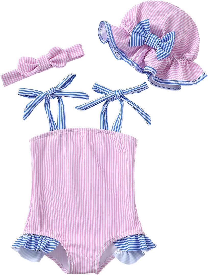 Renotemy Baby Girl Swimsuit Toddler Girls One-Piece Swimsuit Summer Beach Bikini Girl Bathing Suits with Hat 0-24 Month (3-6 Months, Pinkstripe)