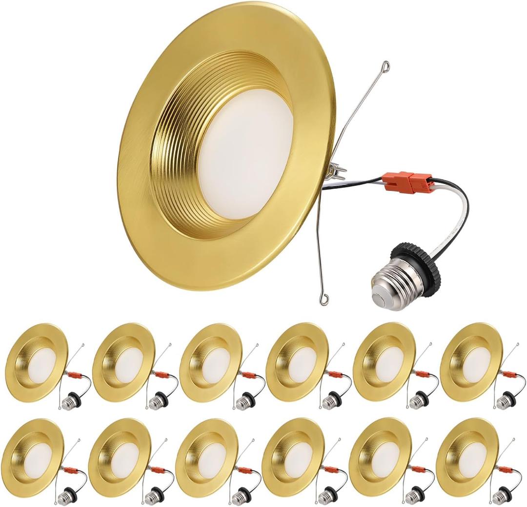5/6 Inch LED Can Lights - Retrofit Recessed Lighting, 5CCT Selectable Dimmable Recessed Lighting, 13.5W 1200LM Can Light with Iron Material Baffle Trim, 6inch 12P Gold
