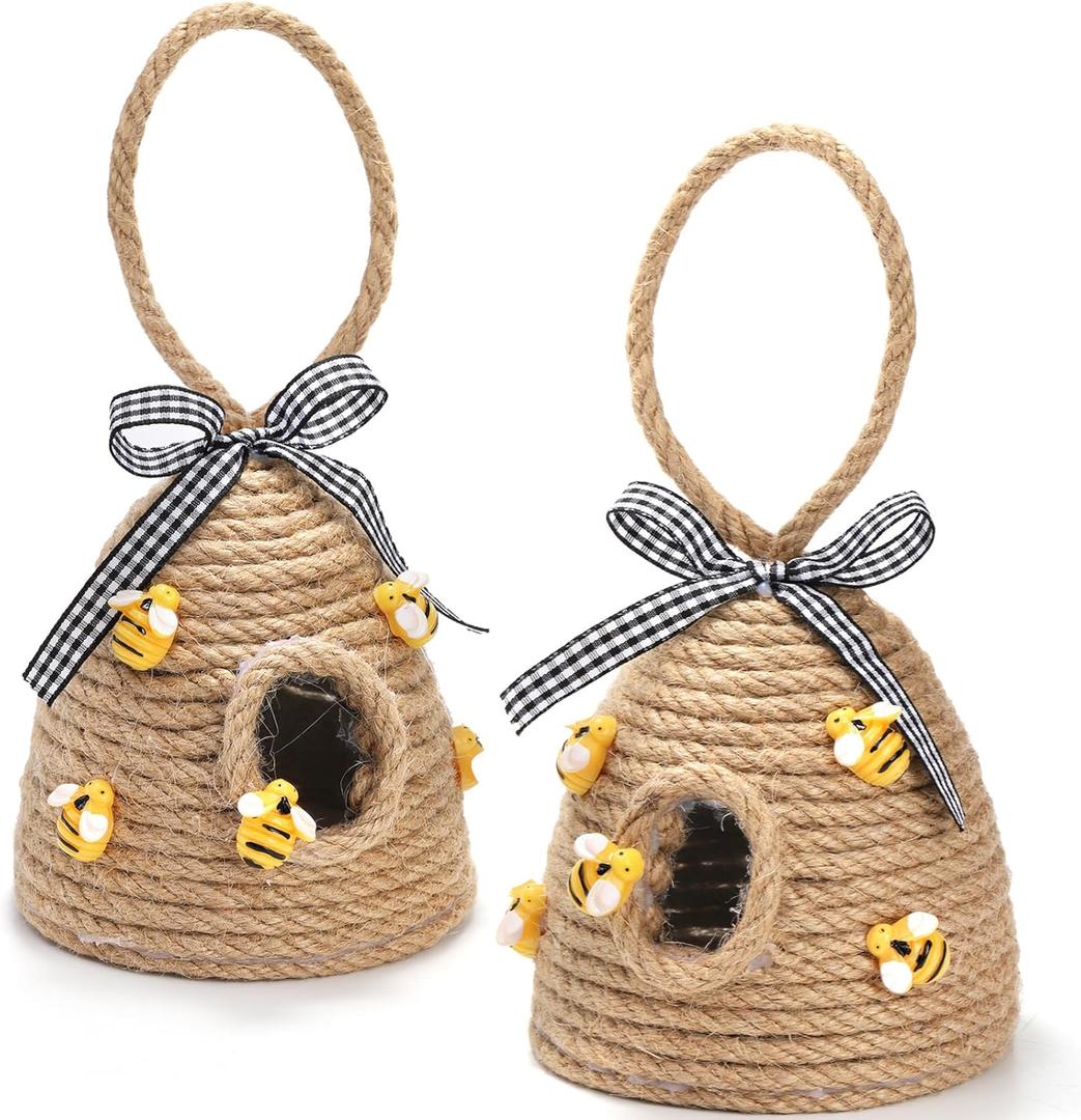 Hedume 2 Pack Bee Hive Decor with Loop, Mini Bee Hive Bees Tiered Tray Decor, Spring Summer Shelf Sitter Coffee Bar Kitchen Table Bumble Bees Theme Party Home Decorations