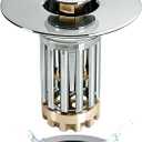 Bathroom Sink Drain Strainer, 3 in 1 Pop Up Bathroom Sink Stopper with Removable Brass Basket Hair Catcher, Universal Sink Plug for 1.06 to 1.6in Drain Hole, Chrome Silver