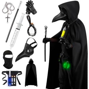 Mens Halloween Costumes Adult Plague Doctor Mask, 11Pcs Plague Doctor Costume, Scary Halloween Mask for Adults
