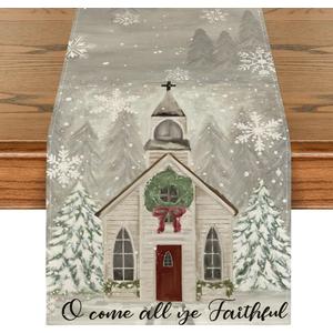 Artoid Mode Church Xmas Trees Snowflakes Merry Christmas Table Runner, Bow Tie Kitchen Dining Table Decoration for Outdoor Home Party 13x90 Inch (Table Runner, 13" x 90", Silver)