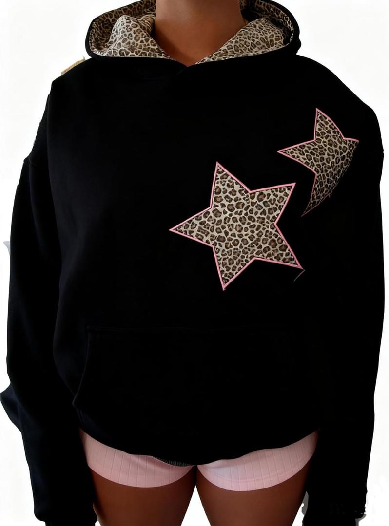 Chvity Womens Star Graphic Hoodies Oversized Y2k Leopard Print Hooded Sweatshirt Teen Girls Casual Cheetah Unisex Streetwear (Small)