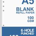 A5 Blank Paper, Refills for Filofax Planner, Organizer, Binders, 6 Hole Punched, 100 Sheets/200 Pages, 100gsm, White, 5.8 x 8.2 Inch