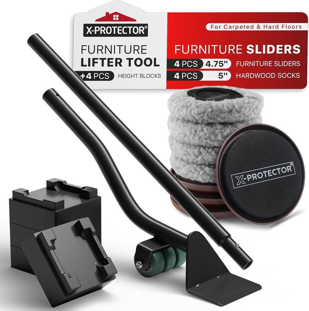 X-Protector Multi-Surface Furniture Sliders & Furniture Lifter Tool Set - 4 PCS 5" Sliders for Furniture with Furniture Jack. Move Your Furniture Easily with Furniture Movers for Hard Floors & Carpets
