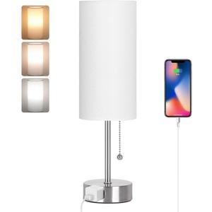 Dott Arts Table Lamp for Bedroom, 3-Color Bedside Lamps with Pull Chain, Bedroom Table Lamps for Nightstand,AC Outlet Small Lamp for Living Room, Bulb Included Nickel (15 in, Nickle-White)