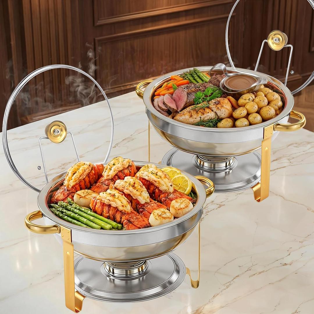 Chafing Dishes for Buffet，2PACK 4.5QT Round Chafing Dishes for Buffet, Gold and Silver Stainless Steel Chafing Dish Buffet Set with Glass Lid and Lid Holder for Home Parties,Wedding,Church Events