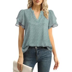 Lotusmile Womens Dressy Chiffon Blouses Summer Puff Petal Short Sleeve Shirts V Neck Casual Work Tops (Medium, Floral Blue)