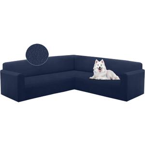 HDCAXKJ Sectional Couch Cover L Shape Stretch Sofa Covers Washable Jacquard Corner Couch Slipcover Non Slip Sectional Slip Cover U Shaped Furniture Protector for Pets Dogs (Navy Blue, X-Large)