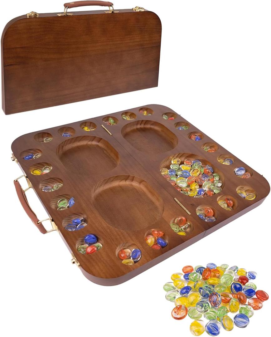 4 Player Wooden Mancala Board Game,4 Player Mancala Board Game Set, Great Glass Beads, Classic & Portable Marble Game for Family Night and Travel