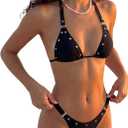 WDIRARA Women's 2 Piece Swimsuit Rivet Halter Triangle Thong Bikini Set High Cut Bathing Suit (Black, XS)