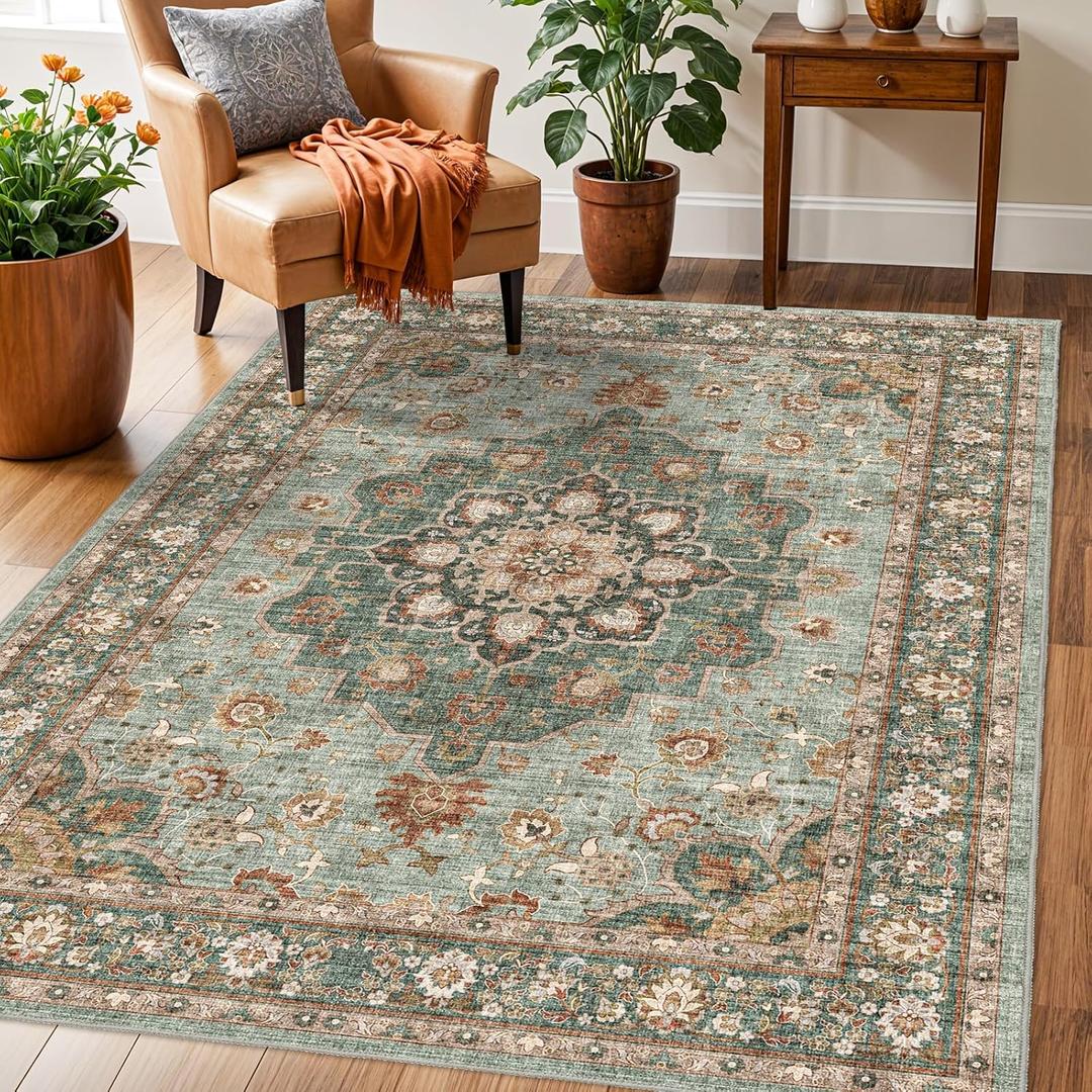 Washable Oriental Area Rug - 3x5 Rugs for Living Room Soft Carpet for Bedroom Waterproof Floral Distressed Indoor Stain Resistant Non-Shedding Floor Carpets (Green, 3X5)