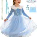 Princess Costume for Girls Snow Princess Dress Up Kids Winter Halloween Birthday Party Blue Outfits (5-6 Years)